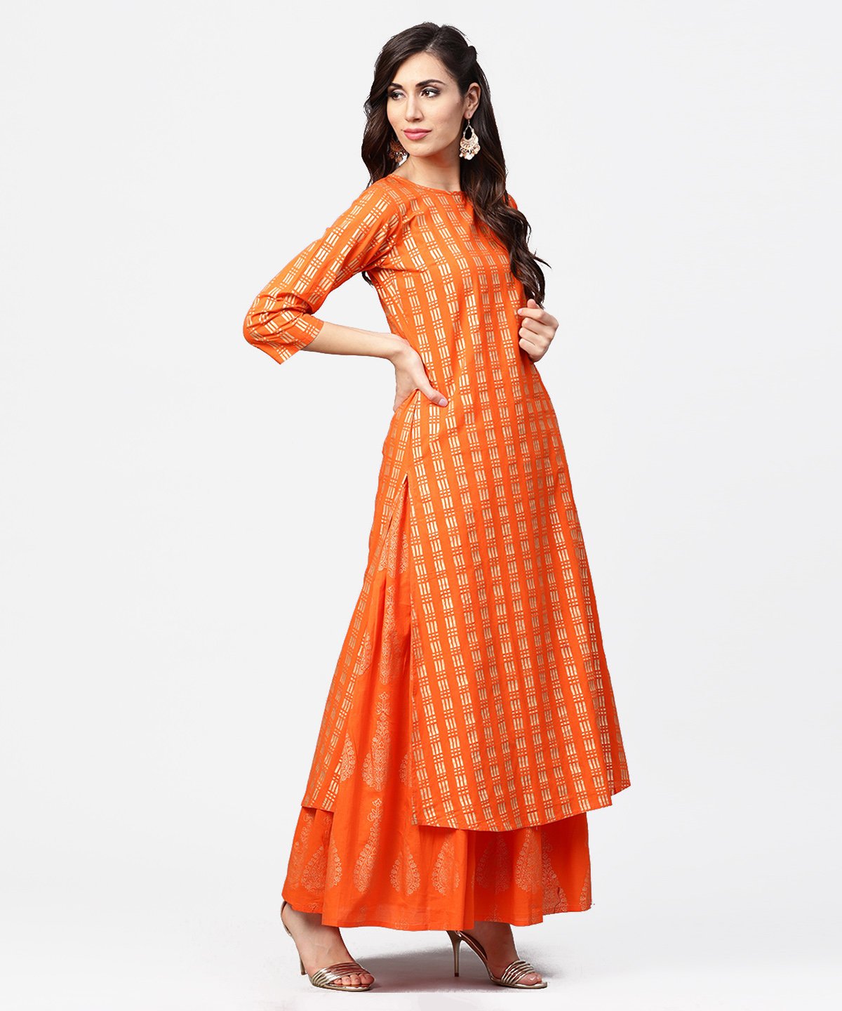 Yellow Printed 3/4Th Sleeve Cotton A-Line Kurta With Flared Pallazo & Dupatta | LASVINI - Redefining Indian Fashion with Elegance