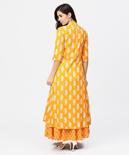 Yellow Printed 3/4Th Sleeve Cotton A-Line Kurta With Flared Ankle Length Skirt | LASVINI - Redefining Indian Fashion with Elegance