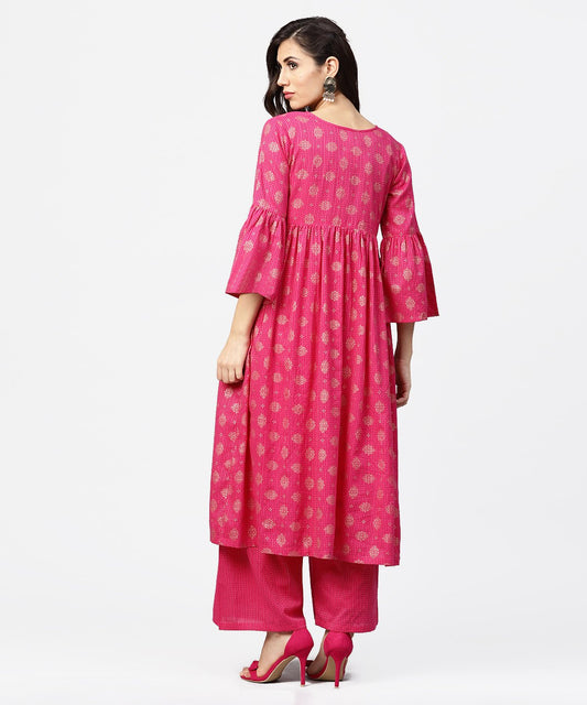 Pink 3/4Th Flared Sleeve Cotton Anarkali Kurta With Ankle Length Pallazo | LASVINI - Redefining Indian Fashion with Elegance