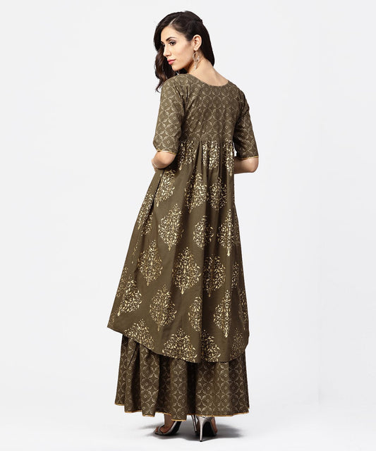 Dark Brown Printed Half Skeeve A-Line Kurta With Sharara | LASVINI - Redefining Indian Fashion with Elegance