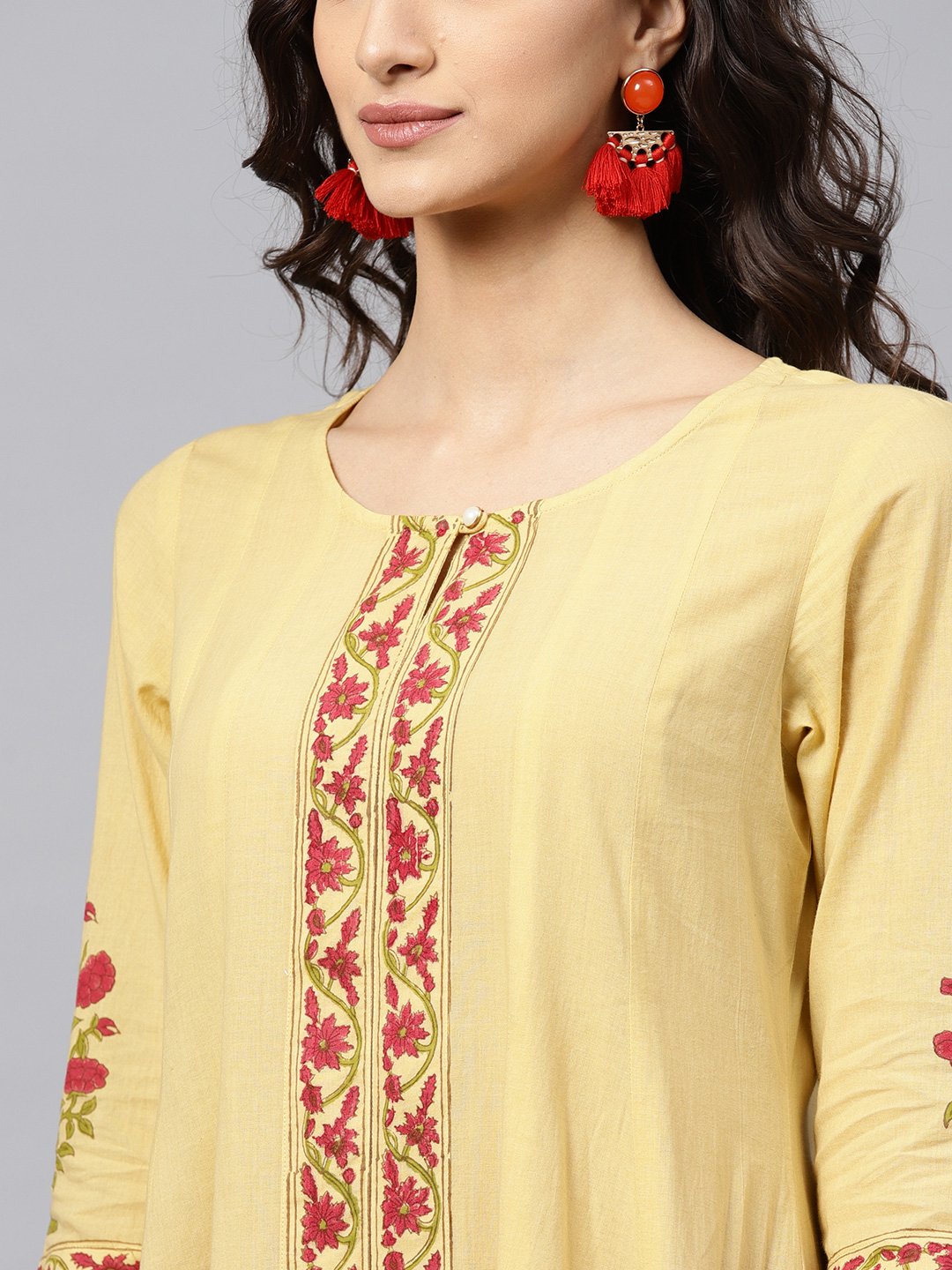 Cream Block Printed 3/4Th Sleeve Panel Cut A-Line Kurta | LASVINI - Redefining Indian Fashion with Elegance