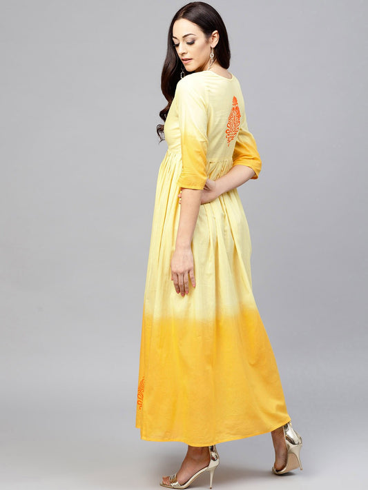 Yellow Ombre Dyed Maxi Dress With Round Neck And 3/4 Sleeves | LASVINI - Redefining Indian Fashion with Elegance