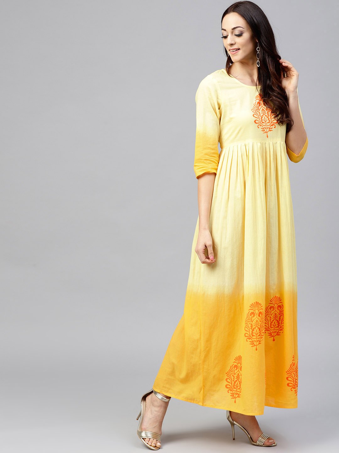 Yellow Ombre Dyed Maxi Dress With Round Neck And 3/4 Sleeves | LASVINI - Redefining Indian Fashion with Elegance