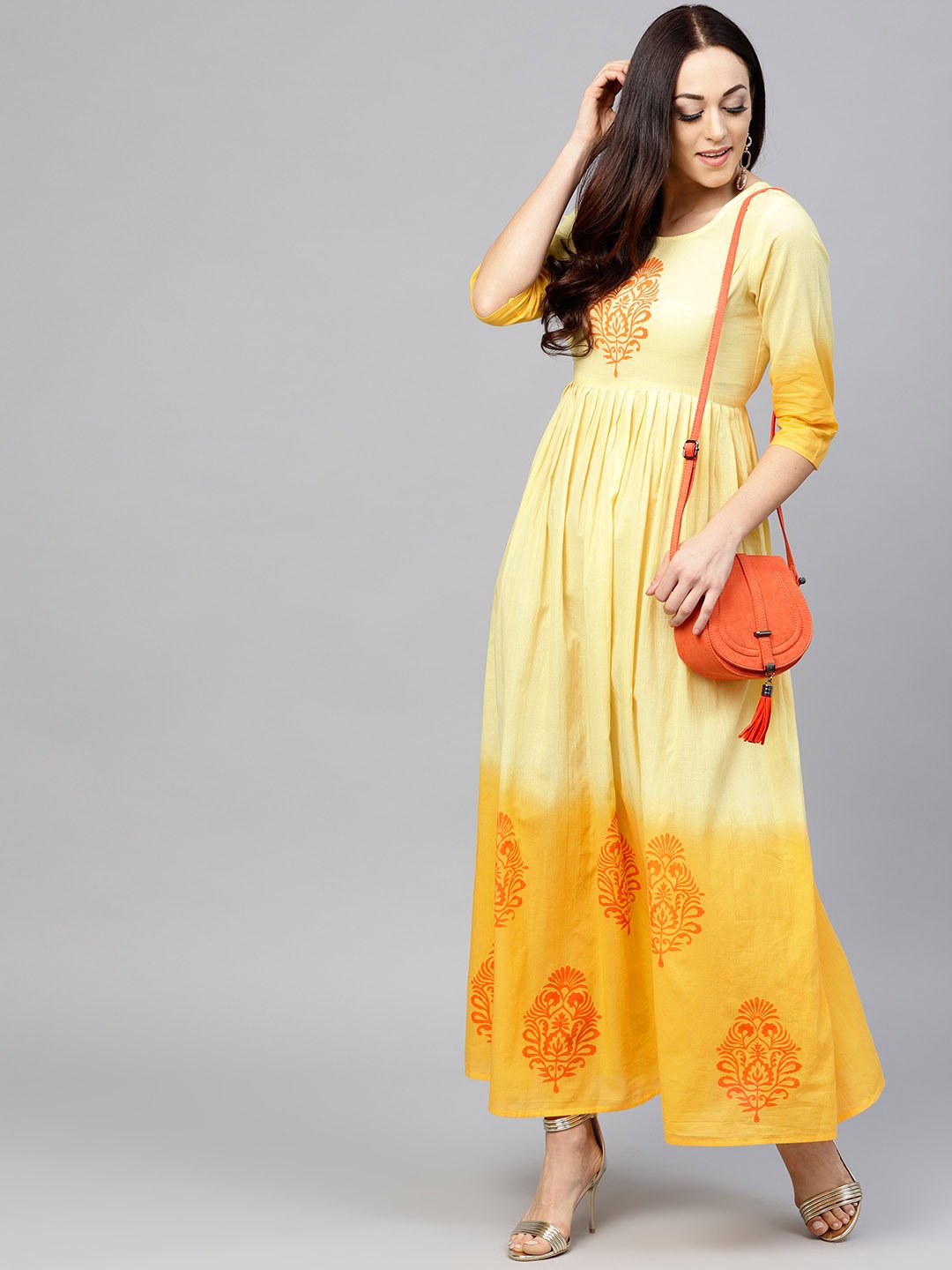 Yellow Ombre Dyed Maxi Dress With Round Neck And 3/4 Sleeves | LASVINI - Redefining Indian Fashion with Elegance