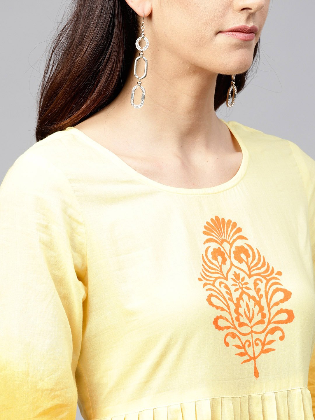 Yellow Ombre Dyed Maxi Dress With Round Neck And 3/4 Sleeves | LASVINI - Redefining Indian Fashion with Elegance