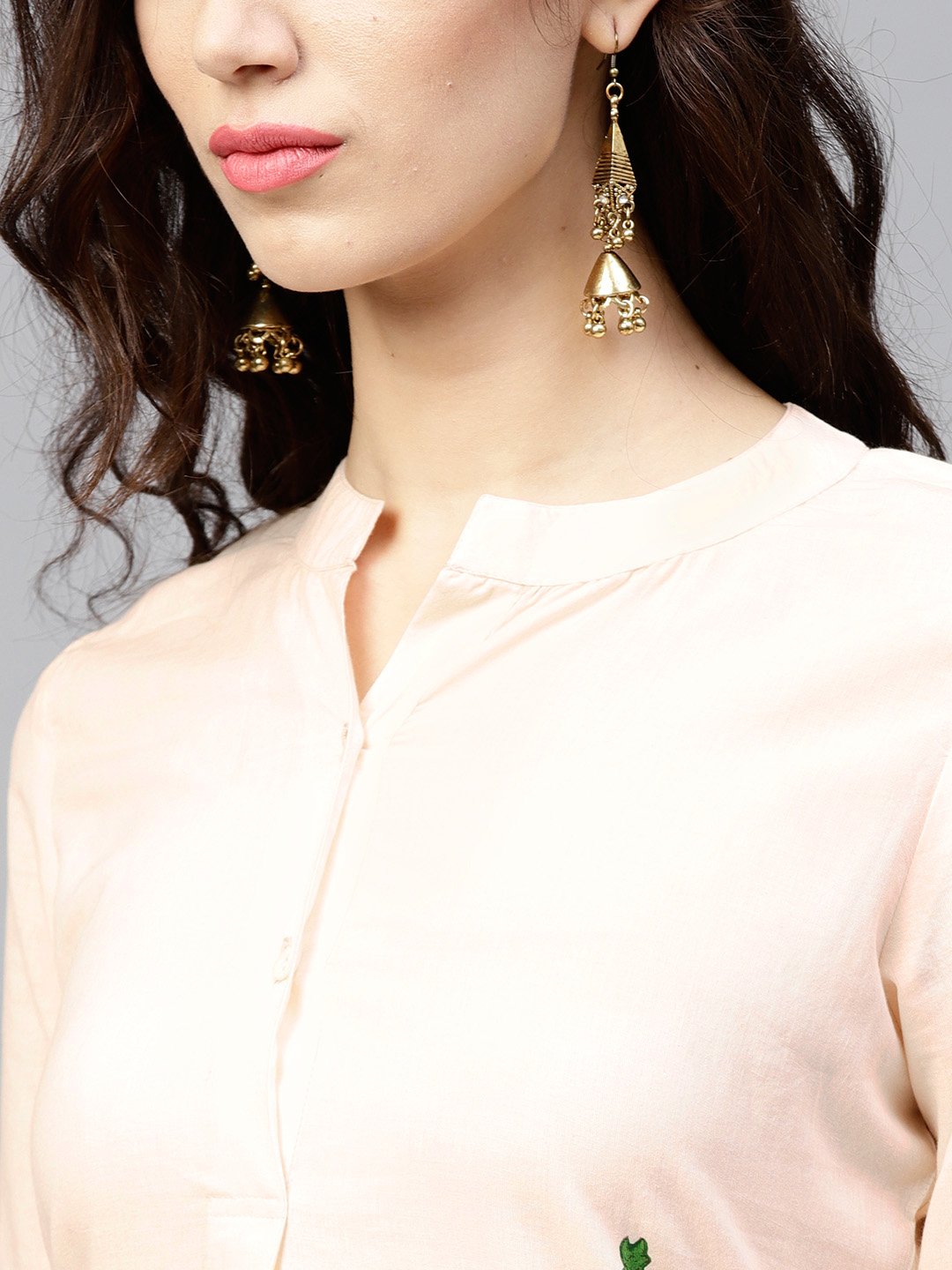 Light Peach Madarin Collar Dress With Front Placket And Half Sleeves | LASVINI - Redefining Indian Fashion with Elegance