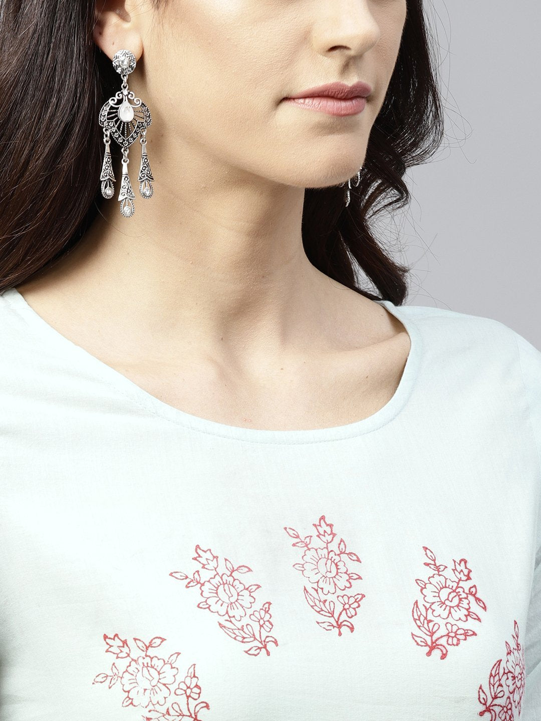 Powder Blue Block Printed Dress With Round Neck And 3/4 Sleeves | LASVINI - Redefining Indian Fashion with Elegance