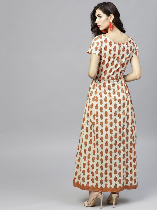 Off White Printed Maxi Dress With Round Neck And Half Sleeves | LASVINI - Redefining Indian Fashion with Elegance
