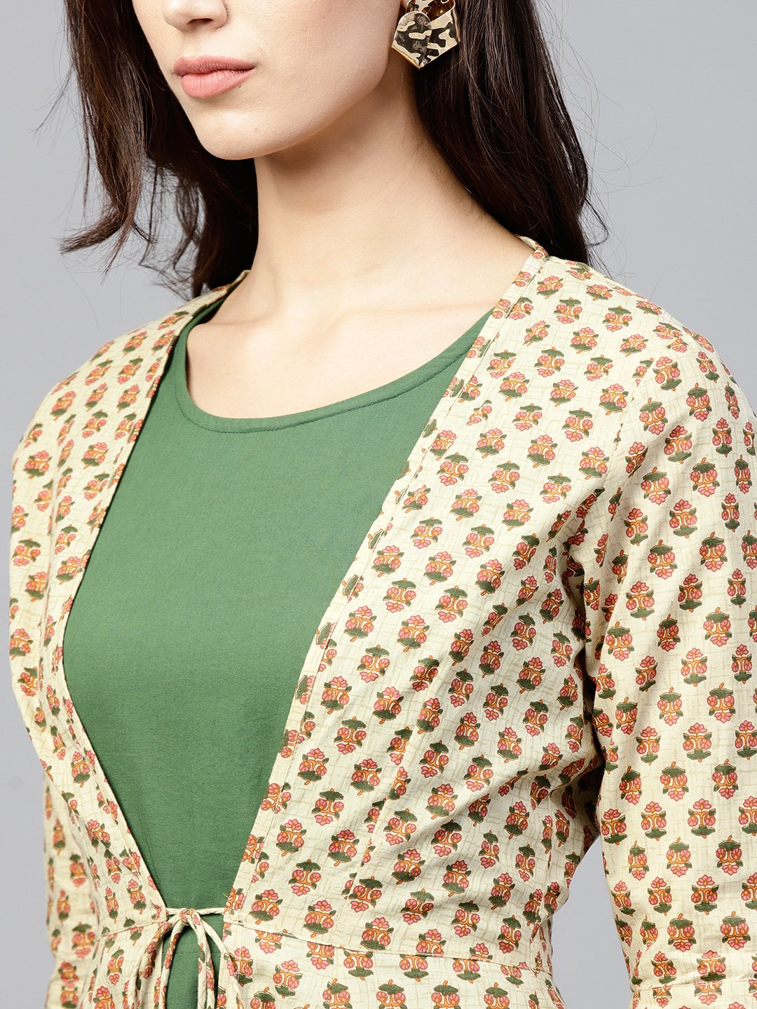 Dark Green Maxi Dress With Detachable Printed Jacket | LASVINI - Redefining Indian Fashion with Elegance