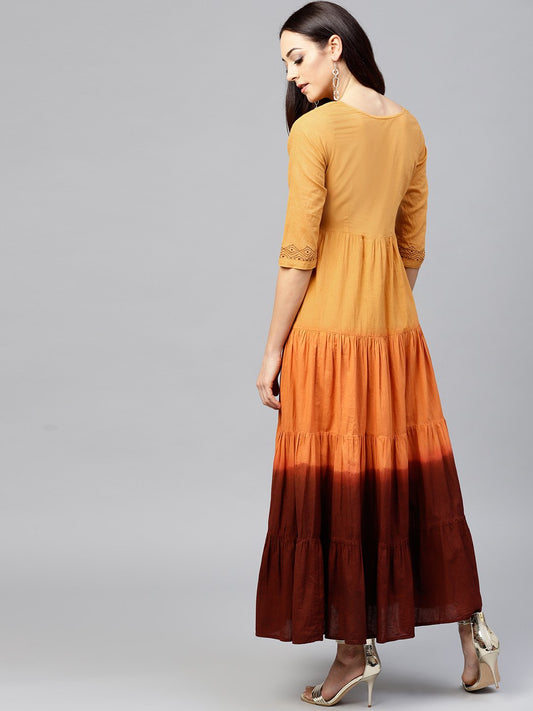Multi Colored Tie And Dye Tiered Block Printed Maxi Dress With Round Neck And 3/4 Sleeves | LASVINI - Redefining Indian Fashion with Elegance