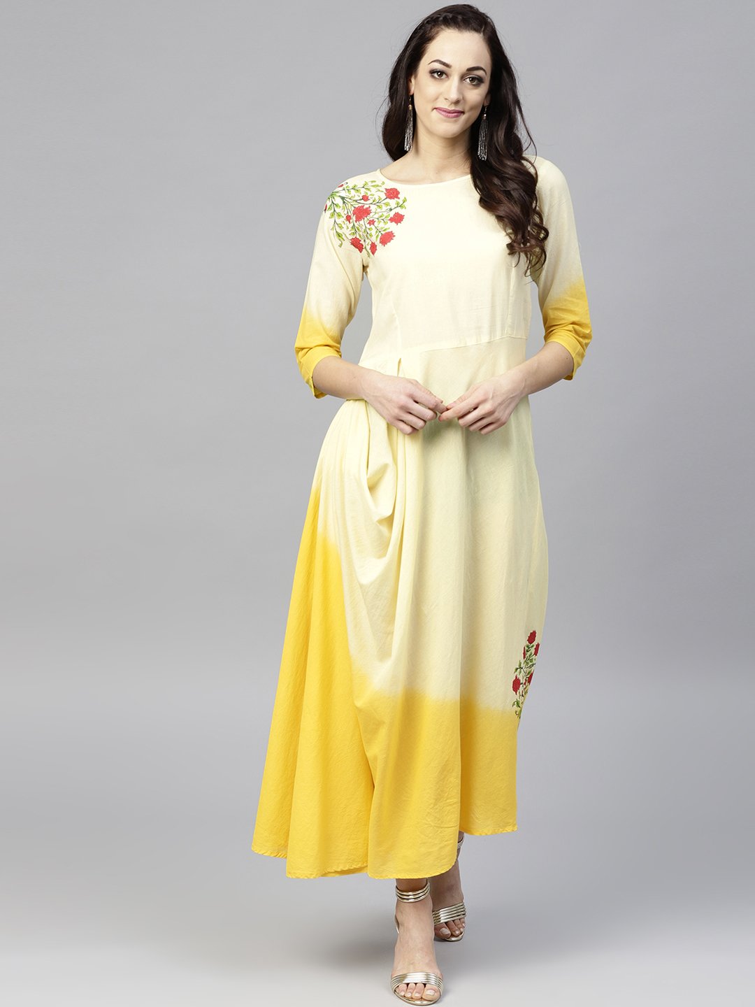Yellow Dyed Cowl Maxi Dress With Round Neck And 3/4 Sleeves | LASVINI - Redefining Indian Fashion with Elegance