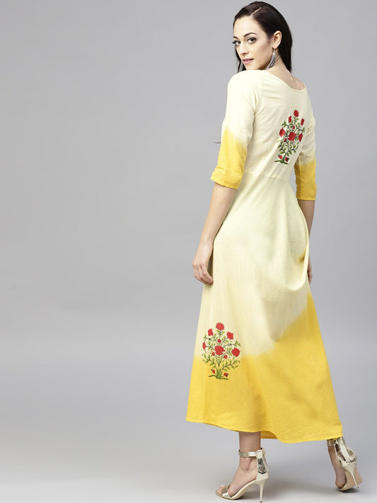 Yellow Dyed Cowl Maxi Dress With Round Neck And 3/4 Sleeves | LASVINI - Redefining Indian Fashion with Elegance