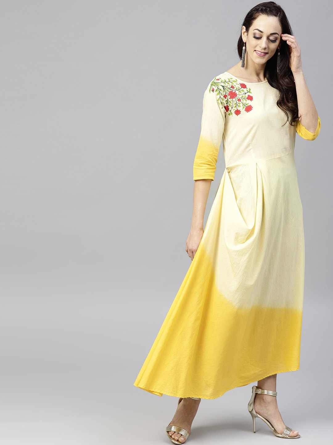 Yellow Dyed Cowl Maxi Dress With Round Neck And 3/4 Sleeves | LASVINI - Redefining Indian Fashion with Elegance