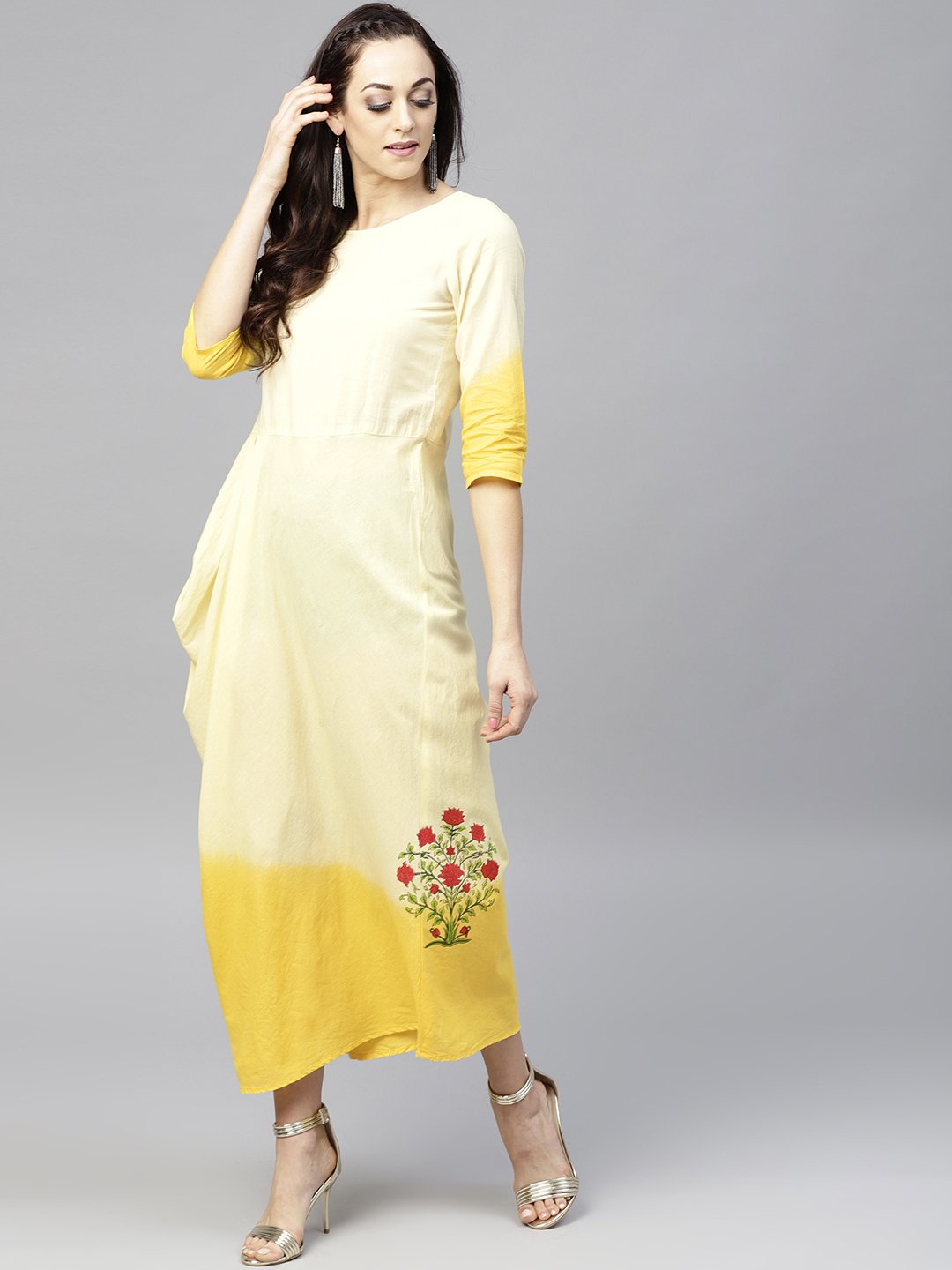 Yellow Dyed Cowl Maxi Dress With Round Neck And 3/4 Sleeves | LASVINI - Redefining Indian Fashion with Elegance