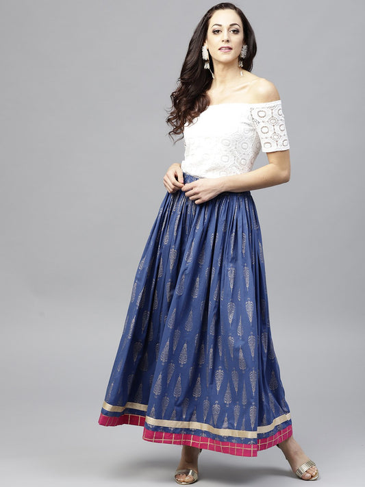 Royal Blue Printed Flared Skirt | LASVINI - Redefining Indian Fashion with Elegance