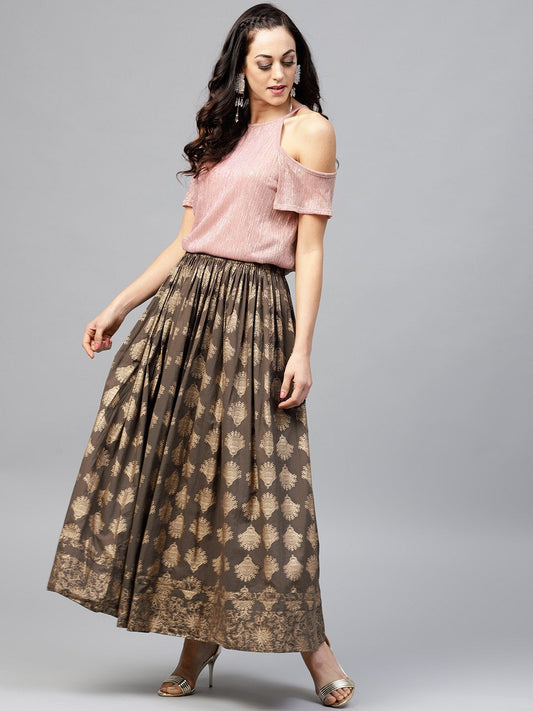 Mud Brown Printed Flared Ankle Length Skirt | LASVINI - Redefining Indian Fashion with Elegance
