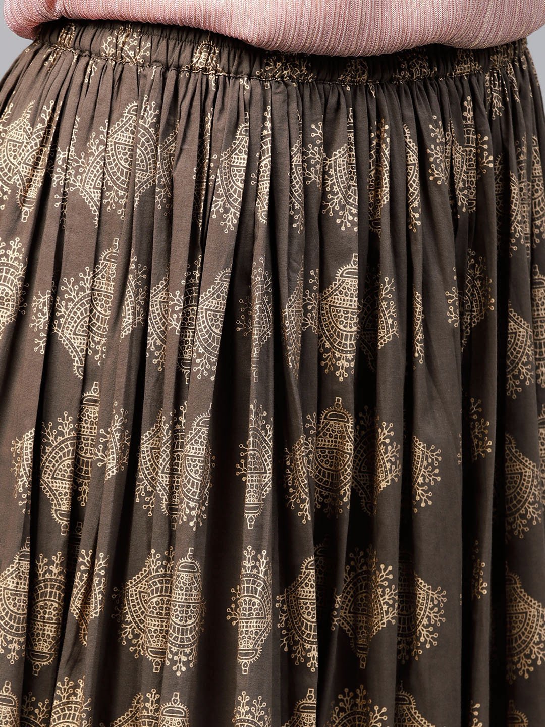 Mud Brown Printed Flared Ankle Length Skirt | LASVINI - Redefining Indian Fashion with Elegance