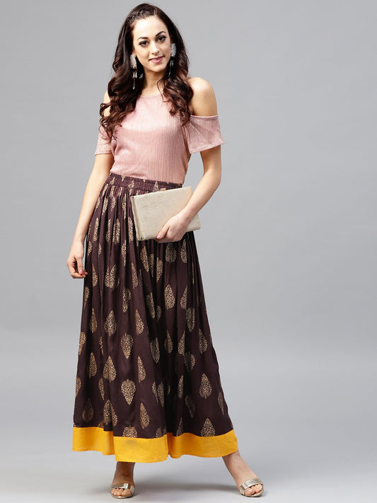 Chocolate Brown Printed Flared Skirt | LASVINI - Redefining Indian Fashion with Elegance