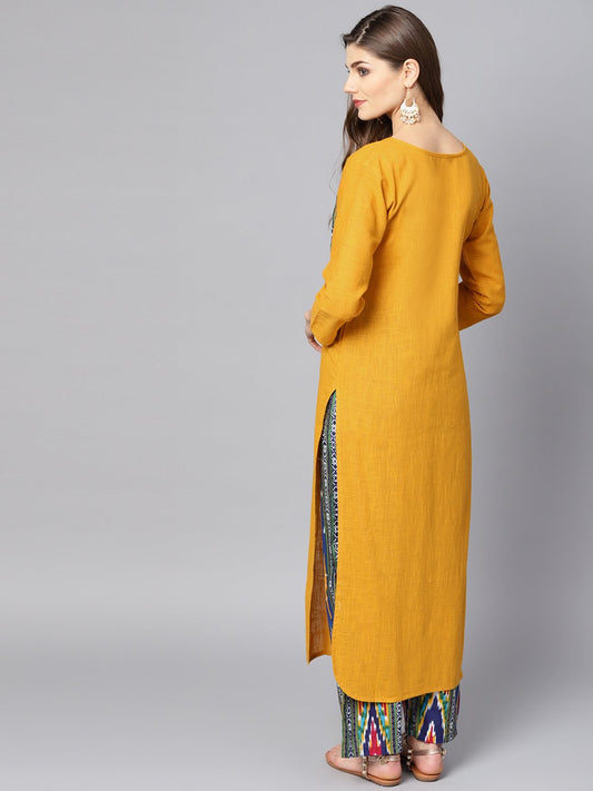 Yellow 3/4Th Sleeve Cotton Kurta With Multi Color Ankle Length Pant | LASVINI - Redefining Indian Fashion with Elegance