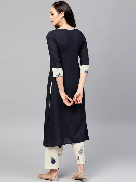 Navy Blue Front Yoke Kurta Set With Printed Palazzo | LASVINI - Redefining Indian Fashion with Elegance