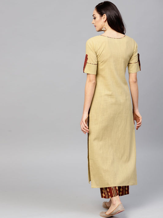 Beige Half Sleeve Cotton Kurta With Ankle Length Printed Palazzo | LASVINI - Redefining Indian Fashion with Elegance