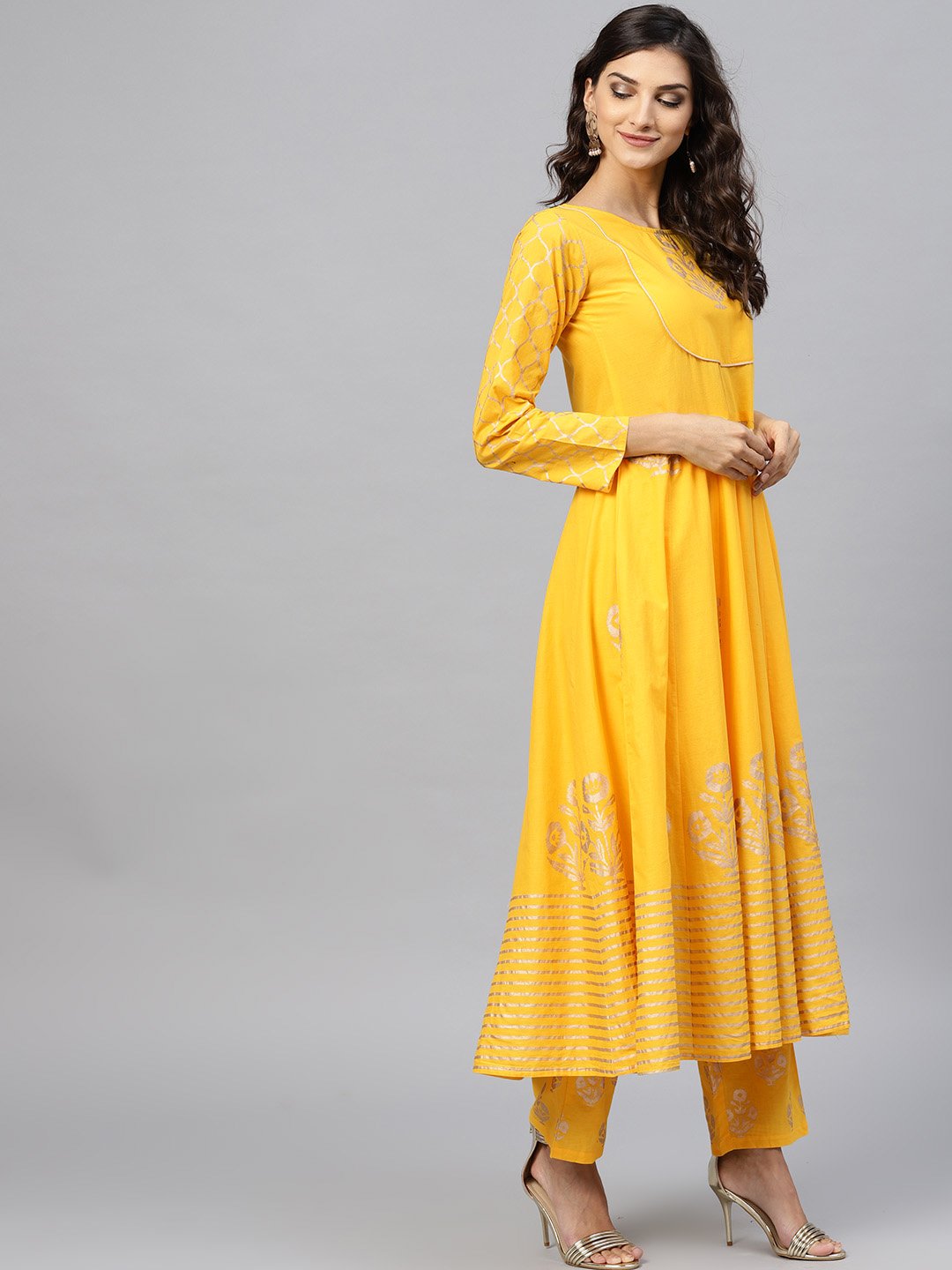 Yellow Self Design Printed 3/4Th Sleeve Cotton Anarkali Kurta With Ankle Length Printed Palazzo | LASVINI - Redefining Indian Fashion with Elegance
