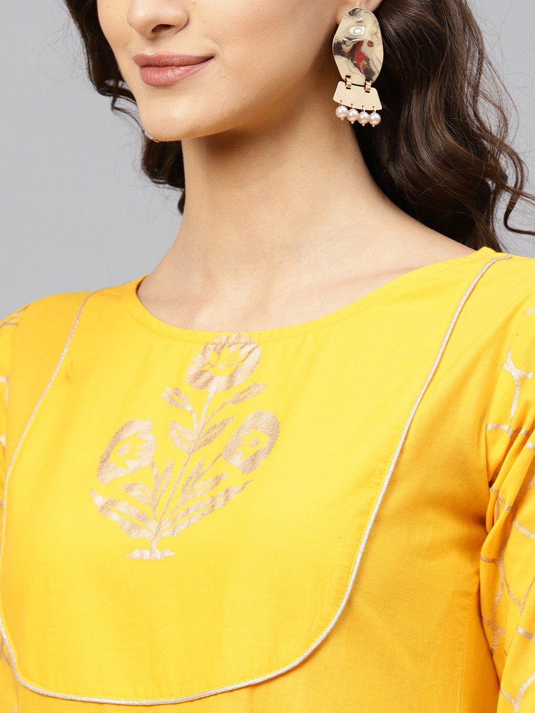 Yellow Self Design Printed 3/4Th Sleeve Cotton Anarkali Kurta With Ankle Length Printed Palazzo | LASVINI - Redefining Indian Fashion with Elegance