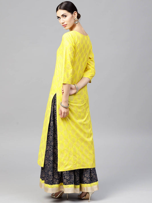 Bright Yellow Printed 3/4Th Sleeve Kurta Set With Navy Blue Skirt | LASVINI - Redefining Indian Fashion with Elegance