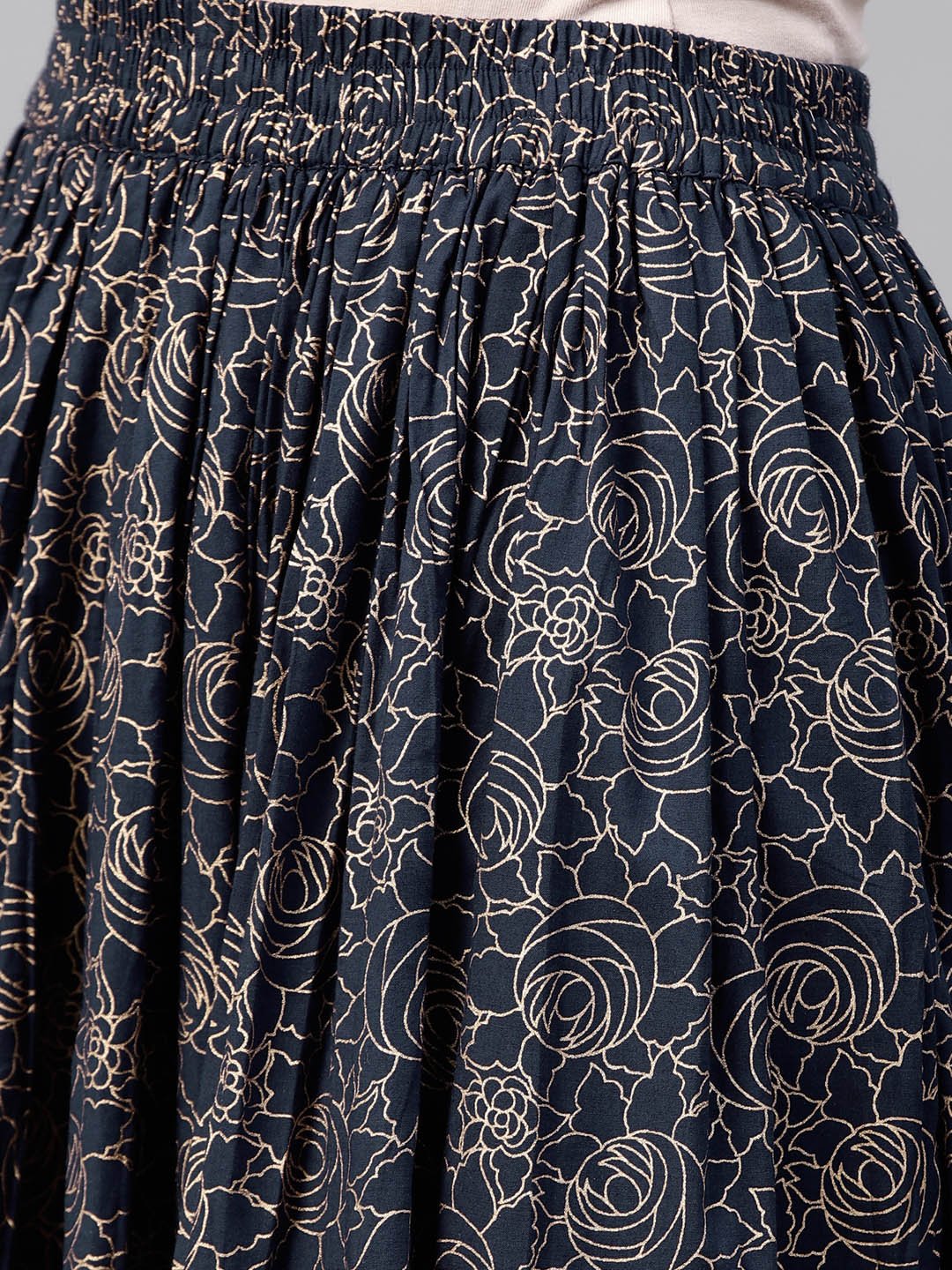 Bright Yellow Printed 3/4Th Sleeve Kurta Set With Navy Blue Skirt | LASVINI - Redefining Indian Fashion with Elegance