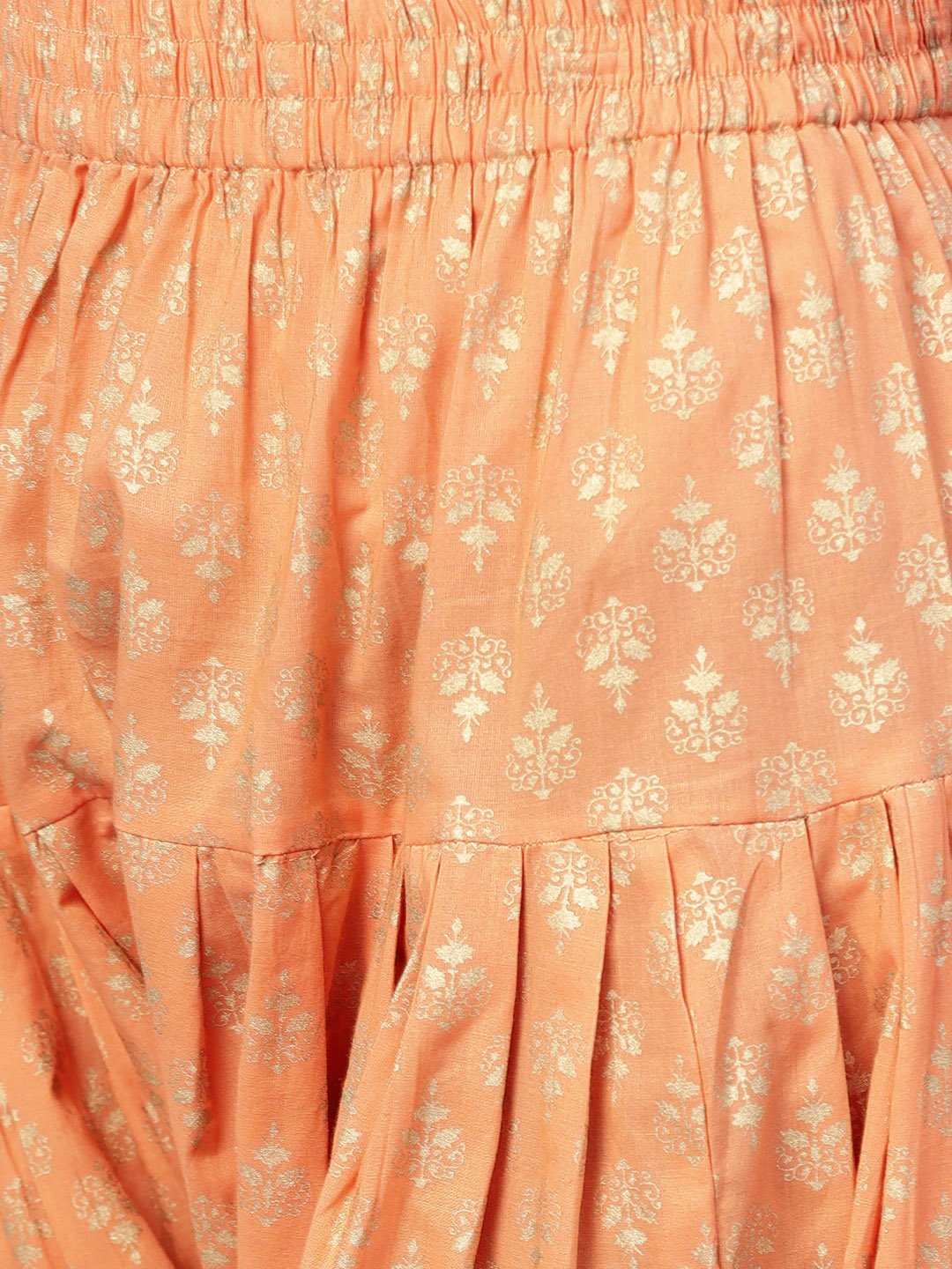 Red Printed 3/4Th Sleeve Cotton Kurta Set With Peach Printed Palazzo And Dupatta | LASVINI - Redefining Indian Fashion with Elegance