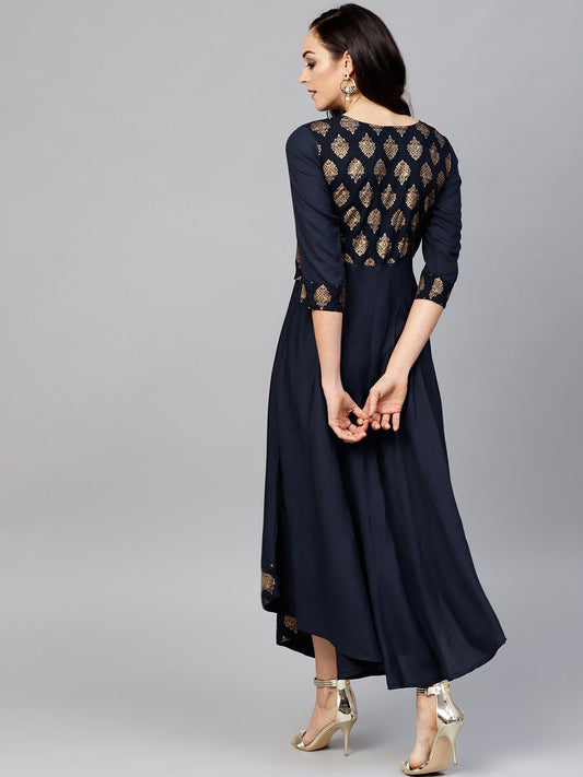 Navy Blue 3/4Th Sleeve Printed Maxi Dress With Round Neck | LASVINI - Redefining Indian Fashion with Elegance