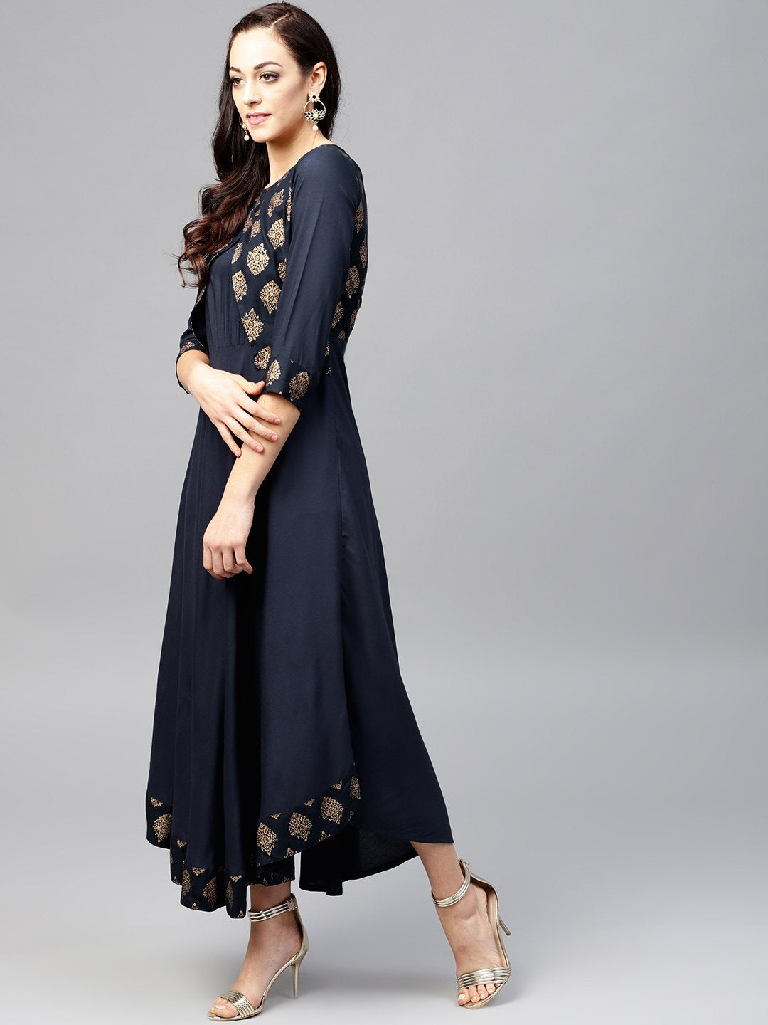 Navy Blue 3/4Th Sleeve Printed Maxi Dress With Round Neck | LASVINI - Redefining Indian Fashion with Elegance