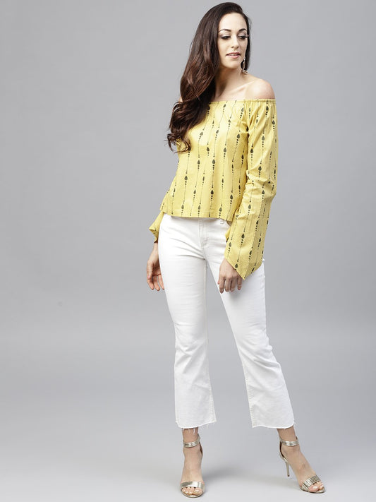 Yellow Off Shoulder Full Sleeve Cotton Top | LASVINI - Redefining Indian Fashion with Elegance
