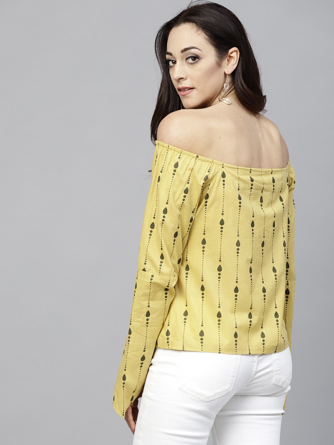 Yellow Off Shoulder Full Sleeve Cotton Top | LASVINI - Redefining Indian Fashion with Elegance