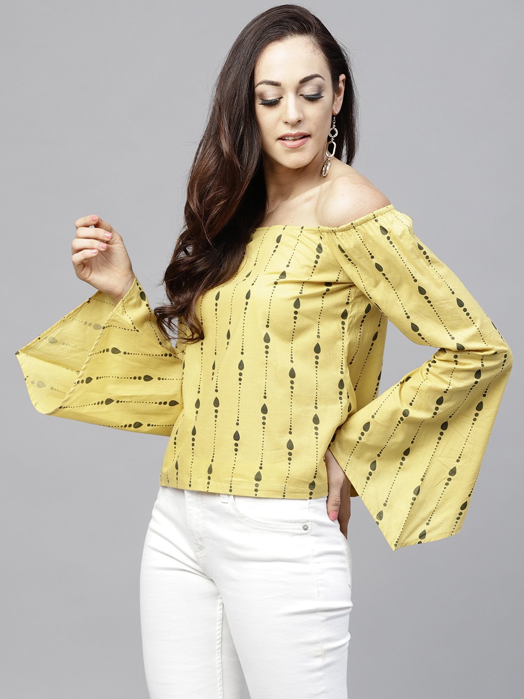 Yellow Off Shoulder Full Sleeve Cotton Top | LASVINI - Redefining Indian Fashion with Elegance