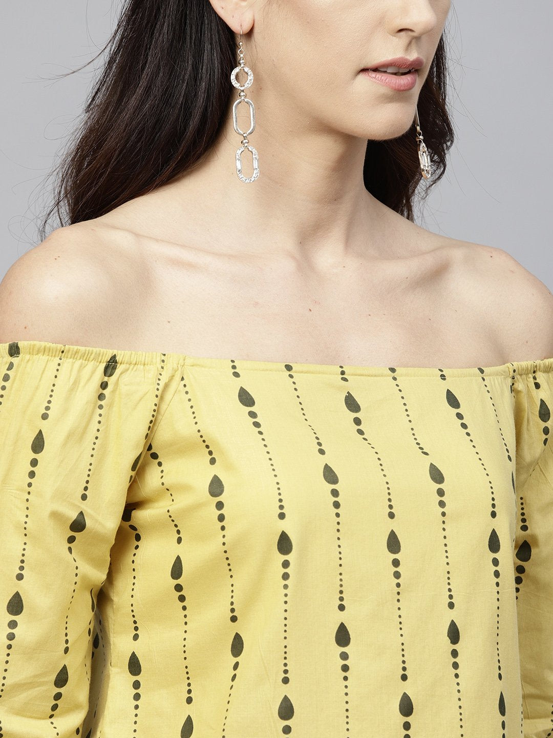 Yellow Off Shoulder Full Sleeve Cotton Top | LASVINI - Redefining Indian Fashion with Elegance