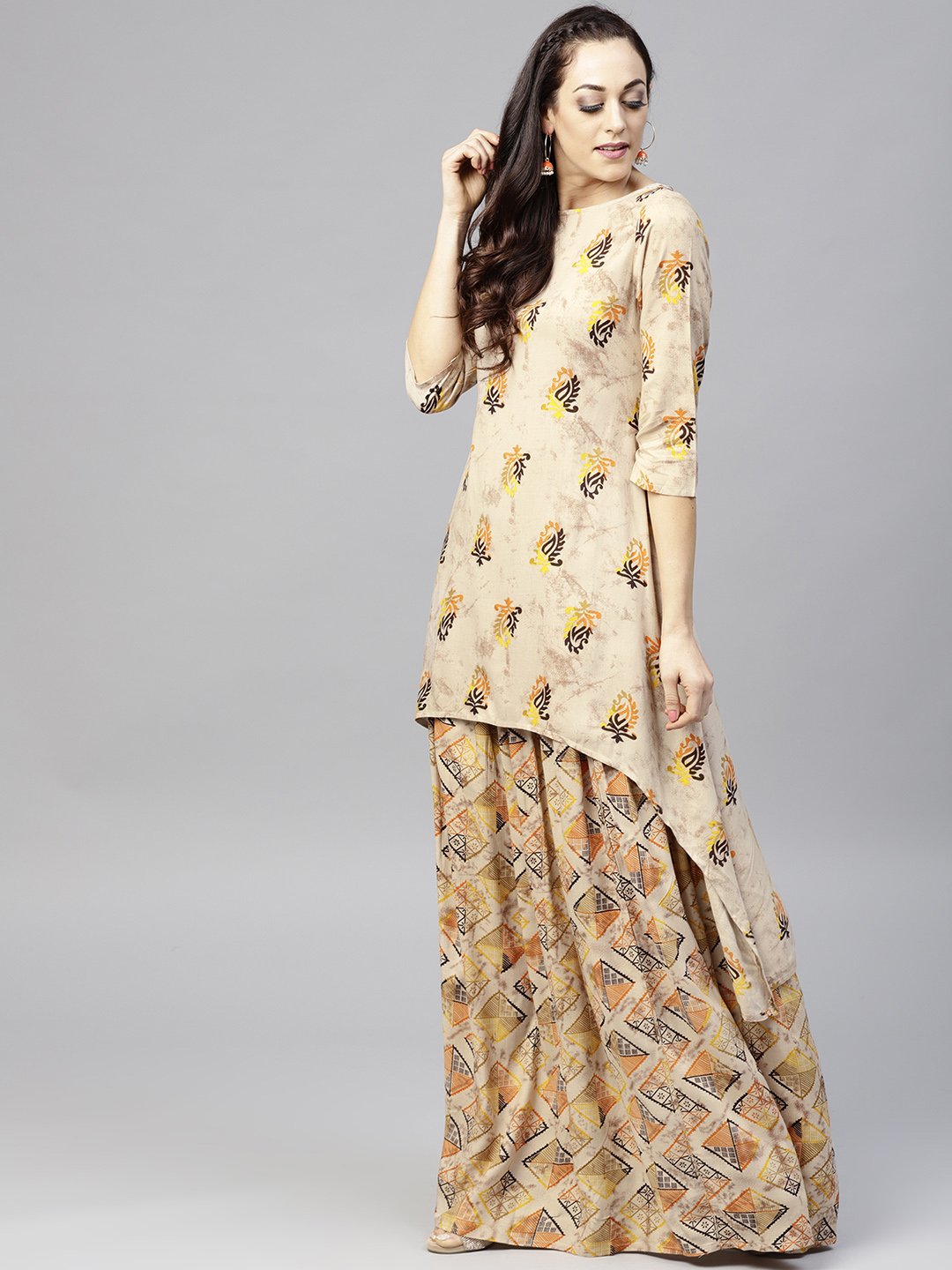 Beige Printed 3/4Th Sleeve Cotton High-Low Kurta With Ankle Length Skirt | LASVINI - Redefining Indian Fashion with Elegance