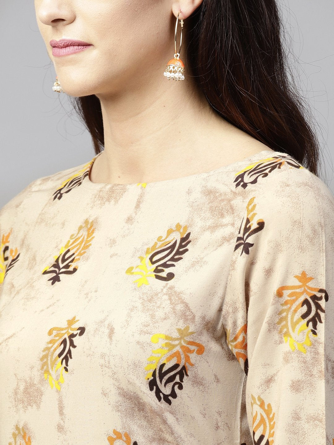 Beige Printed 3/4Th Sleeve Cotton High-Low Kurta With Ankle Length Skirt | LASVINI - Redefining Indian Fashion with Elegance