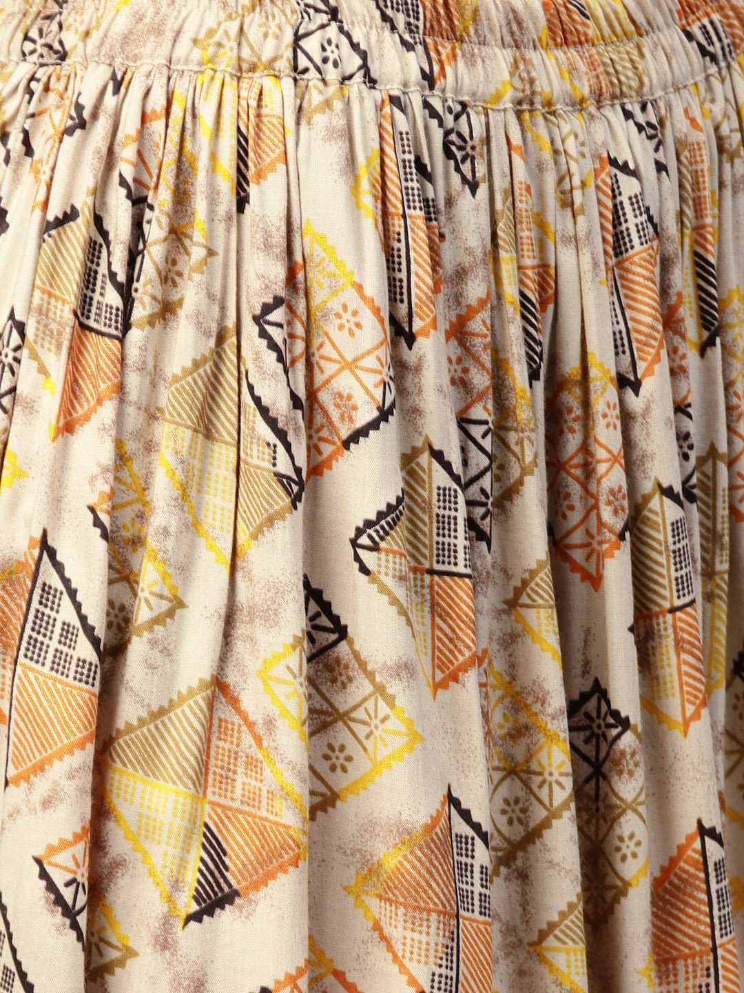 Beige Printed 3/4Th Sleeve Cotton High-Low Kurta With Ankle Length Skirt | LASVINI - Redefining Indian Fashion with Elegance