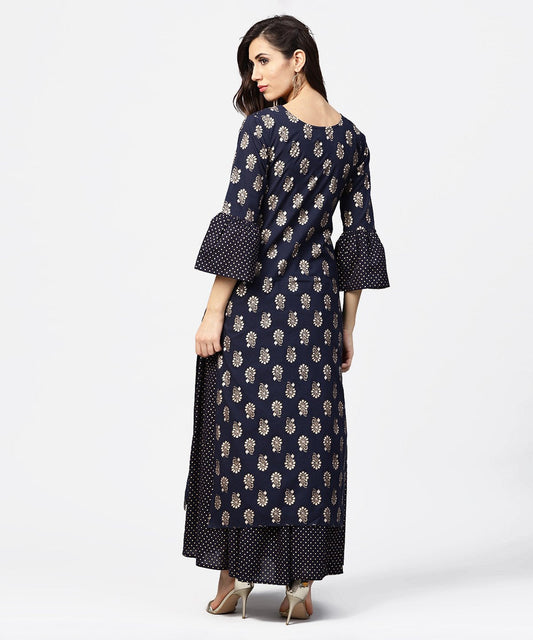 Navy Blue 3/4Th Sleeve Cotton Kurta With Black Printed Flared Skirt | LASVINI - Redefining Indian Fashion with Elegance