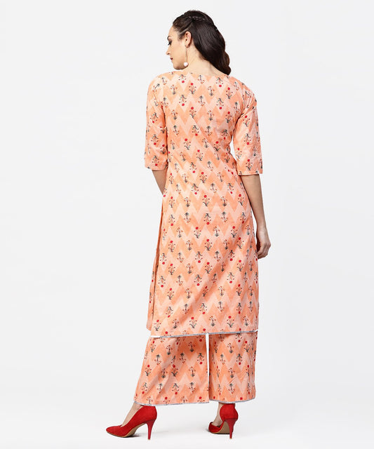 Peach Printed 3/4Th Sleeve Cotton Kurta With Printed Ankle Length Palazzo | LASVINI - Redefining Indian Fashion with Elegance
