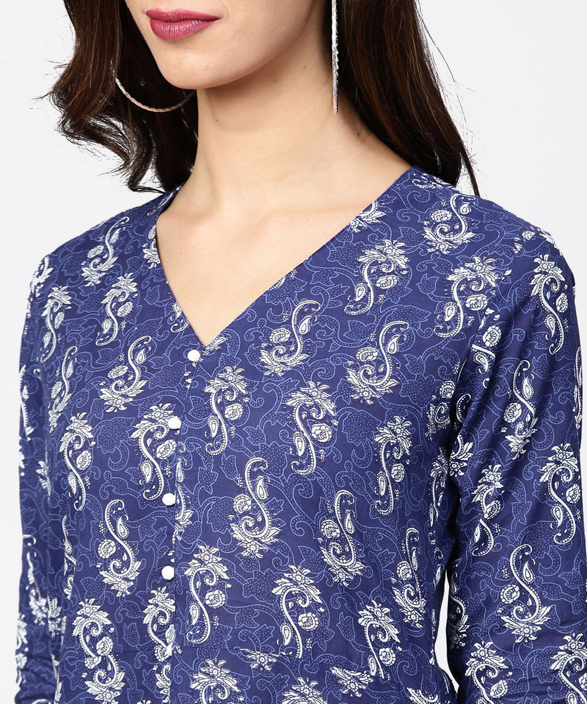 Blue Printed 3/4Th Sleeve Cotton Maxi Dress | LASVINI - Redefining Indian Fashion with Elegance