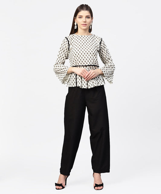 Off White Printed Flared Sleeve Cotton Tops | LASVINI - Redefining Indian Fashion with Elegance