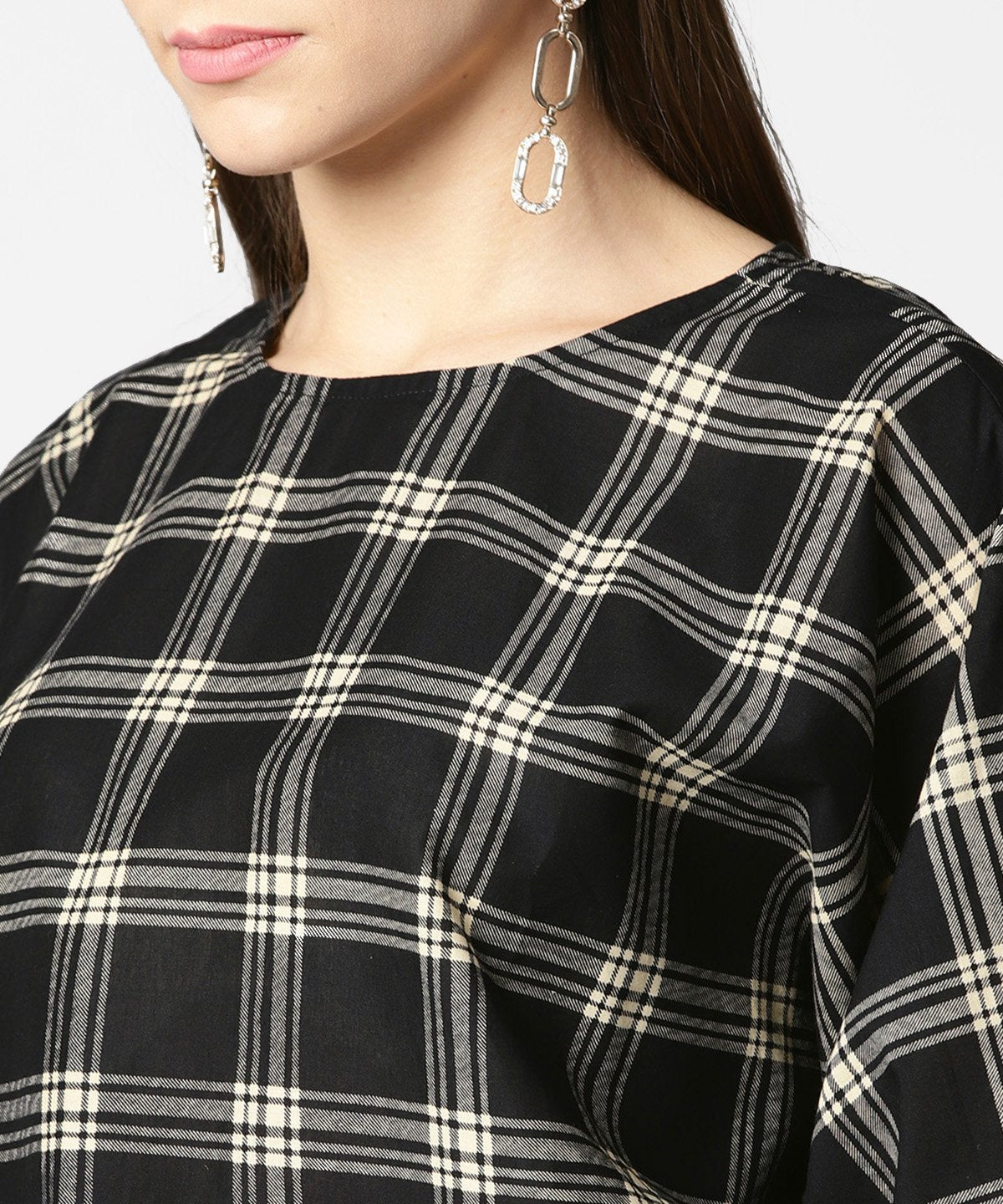 Black Check Flared Sleeve Cotton Top | LASVINI - Redefining Indian Fashion with Elegance
