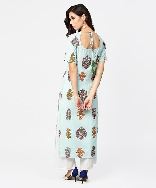 Light Blue Printed Short Sleeve Cotton Straight Kurta | LASVINI - Redefining Indian Fashion with Elegance