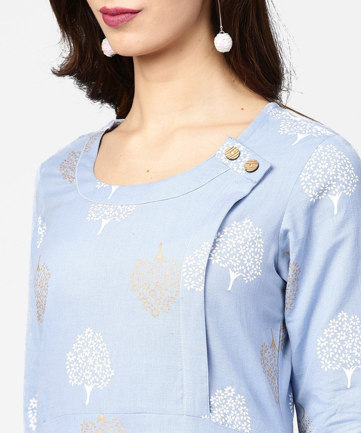 Grey Printed 3/4Th Sleeve Cotton Straight Kurta | LASVINI - Redefining Indian Fashion with Elegance