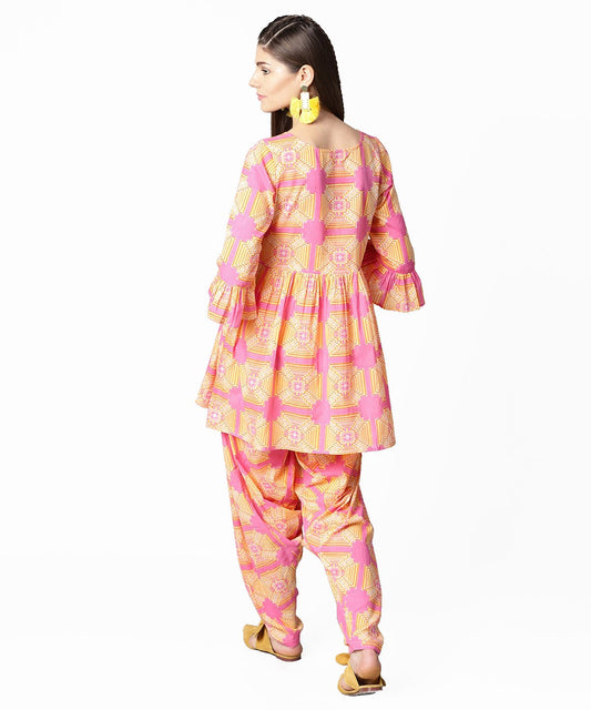 Yellow & Pink 3/4Th Sleeve Cotton Kurti With Ankle Length Salwar | LASVINI - Redefining Indian Fashion with Elegance