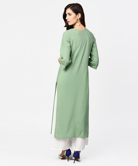 Dark Green Solid 3/4Th Sleeve Cotton Straight Kurta | LASVINI - Redefining Indian Fashion with Elegance