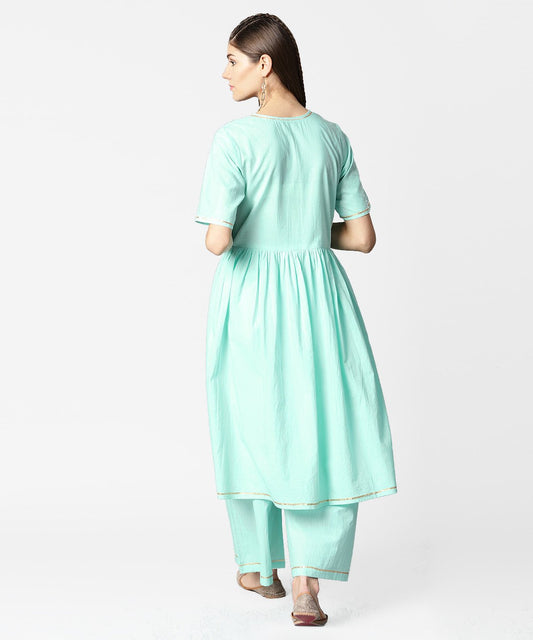 Sea Green Half Sleeve Cotton Anarkali Kurta With Ankle Length Pallazo | LASVINI - Redefining Indian Fashion with Elegance