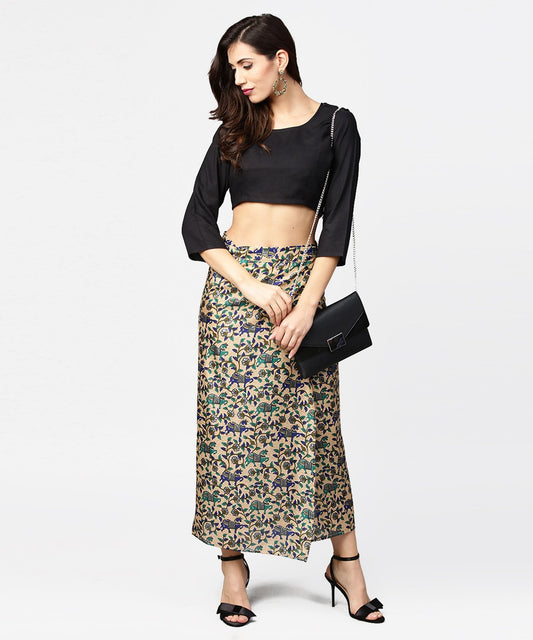 Beige Printed Midi Cotton Straight Skirt | LASVINI - Redefining Indian Fashion with Elegance